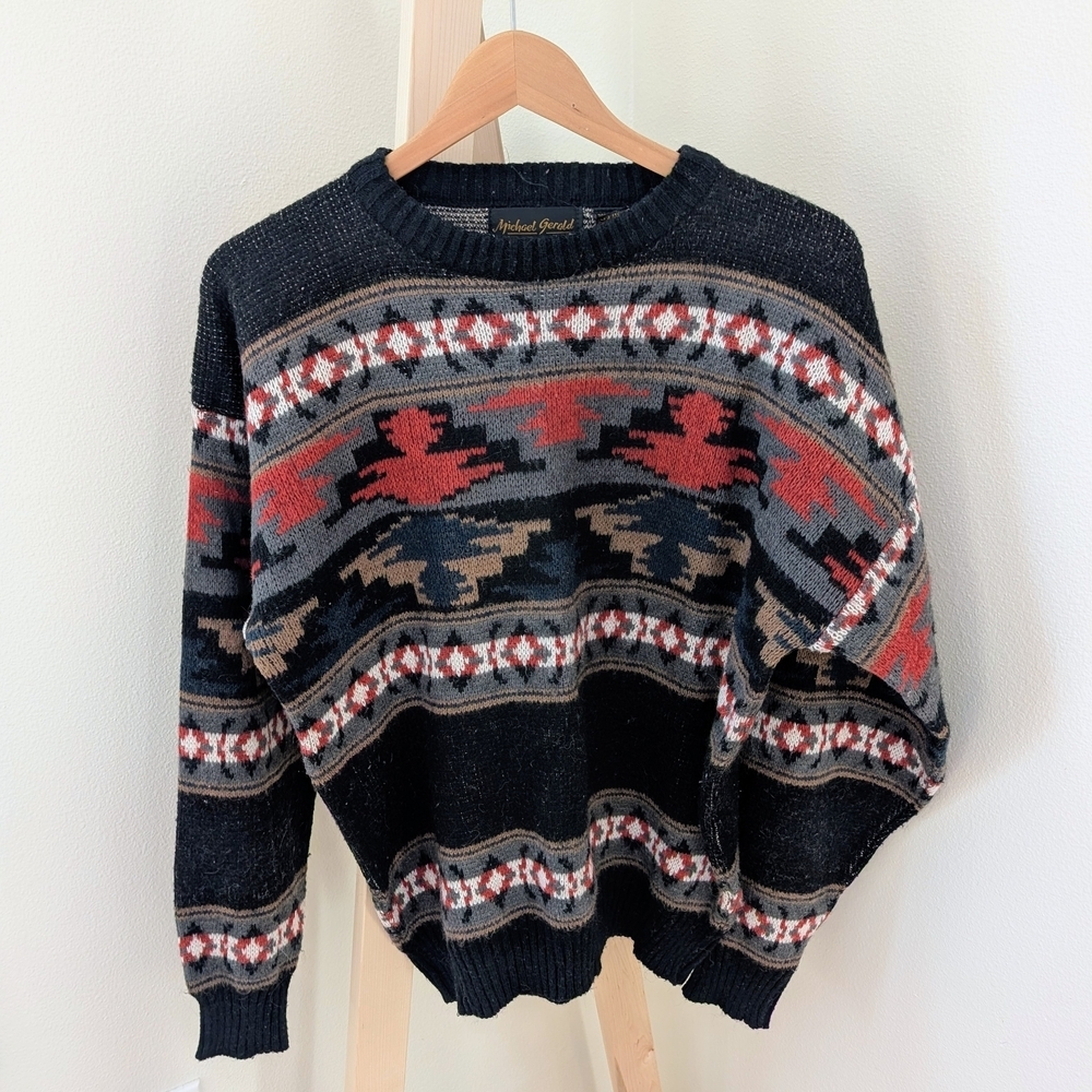 Vintage Southwestern Abstract Geometric Patterned Crewneck Sweater In Black/Red - Picture 4 of 7
